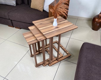C Shaped Nesting Table Set With Rollers, Walnut Sofa Coffee Table Living Room, Laptop Stand, End / Side Tables, C Shape Rectangular Table