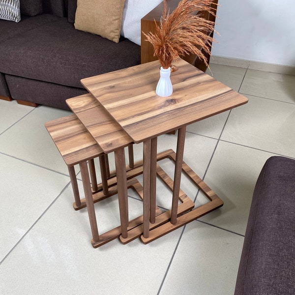 C Shaped Nesting Table Set With Rollers, Walnut Sofa Coffee Table Living Room, Laptop Stand, End / Side Tables, C Shape Rectangular Table