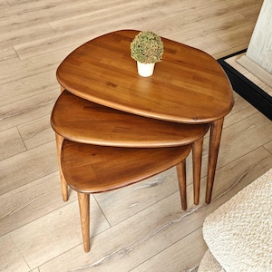 Asymmetrical Solid Beech Wood Coffee Table: Scandinavian Nesting Table Set