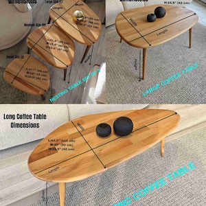 A set of three nesting tables with a long coffee table. The tables are made of wood and have a natural finish. The nesting tables are 17.7 inches, 21.6 inches, and 25.6 inches in length. The long coffee table is 43.3 inches long. All tables have a height of 16.5 inches.