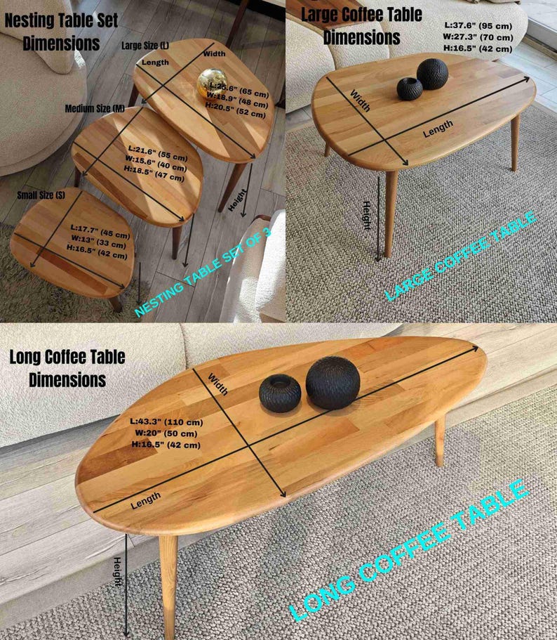 A set of three nesting tables with a long coffee table. The tables are made of wood and have a natural finish. The nesting tables are 17.7 inches, 21.6 inches, and 25.6 inches in length. The long coffee table is 43.3 inches long. All tables have a height of 16.5 inches.