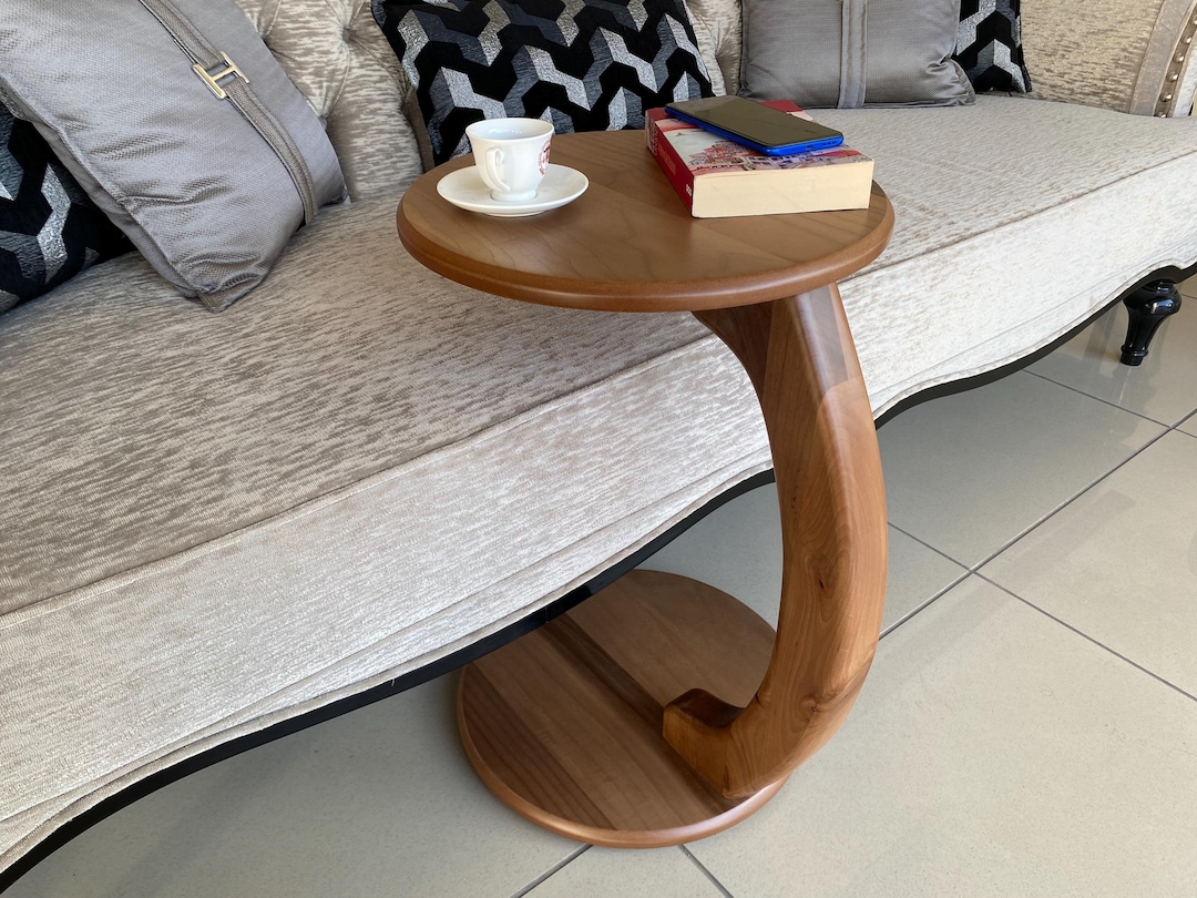 Walnut C-shape Laptop Table: Modern Rolling Couch End Table With Wheels ...