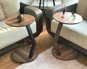 C Shaped Side/End Table, Modern Sofa Side Table, Coffee Table For Living Room, Round Wood End/Side Table, Laptop Stand, Walnut Couch Table