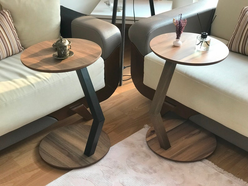 C Shaped Side/End Table, Modern Sofa Side Table, Coffee Table For Living Room, Round Wood End/Side Table, Laptop Stand, Walnut Couch Table image 1