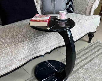 Round C-Shape Side Table: Walnut Sofa Table with Rollers