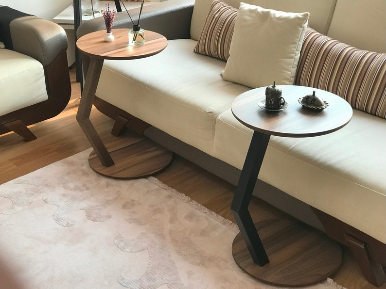 C Shaped Side/End Table, Modern Sofa Side Table, Coffee Table For Living Room, Round Wood End/Side Table, Laptop Stand, Walnut Couch Table image 3