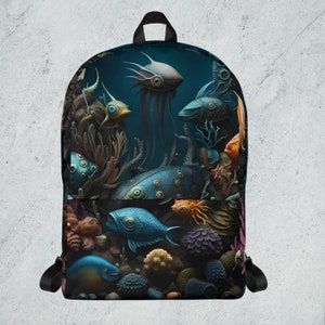 Ocean creatures printed backpack, medium size minimalist laptop backpack