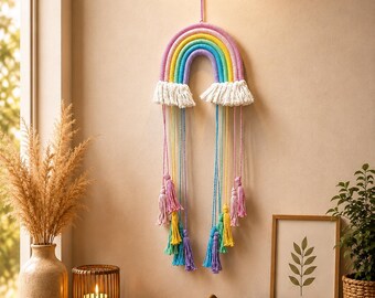Handmade Macrame Rainbow Wall Hanging, Pastel Boho Fiber Art, Nursery Decor