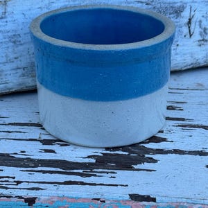 Antique Primitive Salt Glazed Stoneware Blue Crock 3 1/4 x 4 1/2