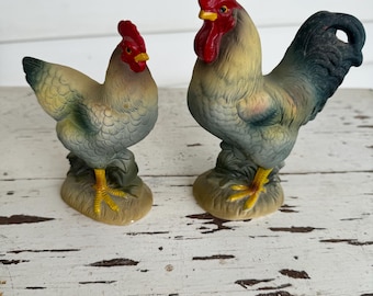 Antique Rooster & Chicken Set of Japan Ceramic Figurines - Farmhouse Chickens - Country Chicken Collectables