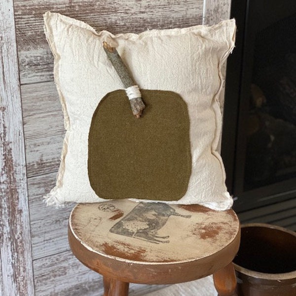 Grain Sack Antique Pumpkin Pillow, Green Wool, Fall Vintage Pillow, 14" Antiqued Pillow