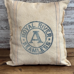 Antique stuffed advertising primitive grain sack pillow, handmade farm grain sack pillow 19&quot; x 19&quot; neutral farmhouse style pillow SHIPS FREE