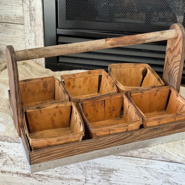 Antique Vintage Wooden Strawberry Basket Carrier w/ 6 Strawberry Baskets 18" Berry Fruit Farmhouse Container Strawberries