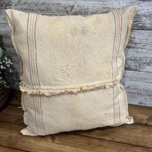 Vintage handmade grain sack stuffed pillow 19&quot; x 19&quot; neutral farmhouse style pillow SHIPS FREE