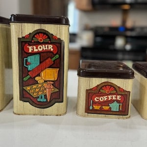 8 Pc Vintage Kitchen Canister Set with Lids: Metal Flour, Sugar, Coffee, Tea