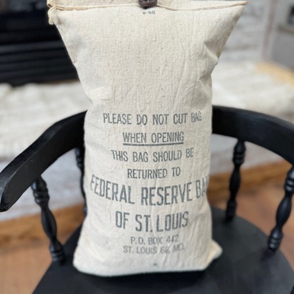 Handmade Vintage Bank Pillow with advertisement, Canvas, Small, Old Federal Reserve Bag made into Pillow, Ready to Ship, Neutrals