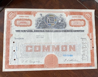 Vintage 1960 Railroad Stock Certificate: New York, Chicago & St. Louis