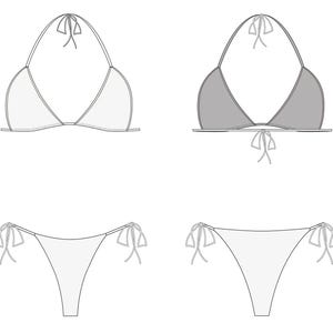 May include: A technical fashion illustration of a two-piece bikini set. The top features a triangle halter design with thin neck and back ties. The bottom is a classic bikini brief with adjustable side ties. One top is white, one is grey.
