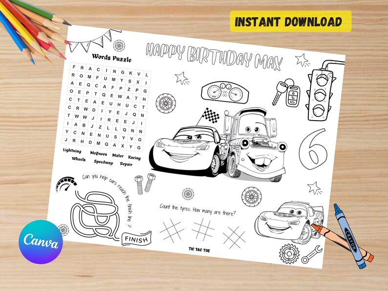Cars Movie Birthday Coloring Page | Personalized Kids Placemat ...