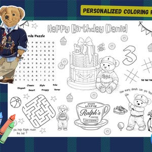 May include: A personalized coloring page with the text "Happy Birthday Daniel." The page features a teddy bear, a birthday cake, and various activities like a word puzzle, maze, and tic-tac-toe. The words "PERSONALIZED COLORING PAGE" are at the top.