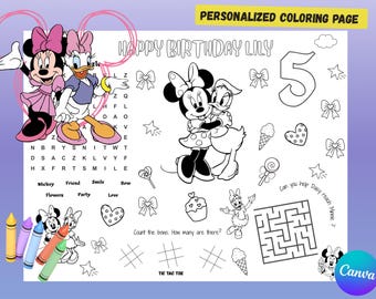 Página para colorear de cumpleaños de Minnie Mouse y Daisy / Mantel individual personalizado para niños / Recuerdo de fiesta imprimible