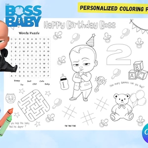 Puede incluir: Una página para colorear personalizada con el tema "The Boss Baby". La página incluye un rompecabezas de palabras, un laberinto, tres en raya y un mensaje de "Happy Birthday Boss". La imagen también muestra un bebé de dibujos animados con traje, el número 2 e ilustraciones de bebés.