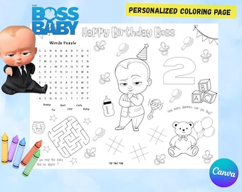 Página para colorear de Baby Boss CEO / Mantel individual infantil personalizado / Recuerdo de fiesta imprimible