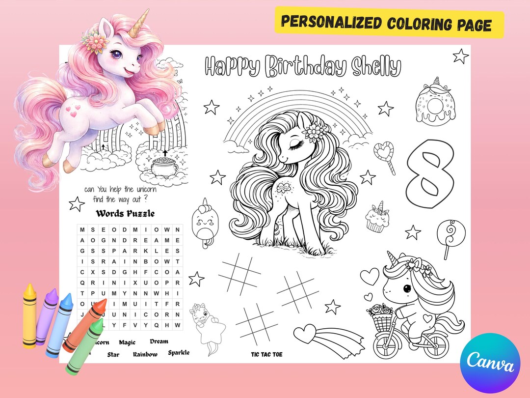 Unicorn Birthday Coloring Page | Personalized Kids Placemat | Printable ...