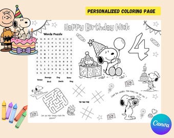 Página para colorear de cumpleaños con temática de perro cómico / Mantel individual infantil personalizado / Recuerdo de fiesta imprimible