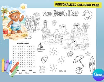 Página para colorear de un día de playa / Mantel individual personalizado para niños / Recuerdo de fiesta imprimible