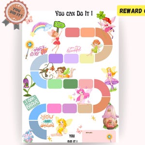 May include: A colorful reward chart with a fairy theme. The chart features a path with spaces for stickers, illustrations of fairies, rainbows, and encouraging phrases like "You Can Do It!" and "I am Brave."