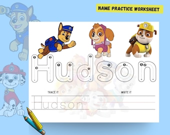 Puppy Petrol personalised name tracing worksheet, Homeschool printable PDF