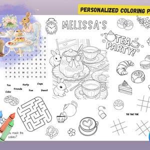 Op de afbeelding: Een gepersonaliseerde kleurplaat met een theefeestthema. De pagina bevat illustraties van theekopjes, gebakjes en konijntjes, samen met de tekst "MELISSA'S TEA PARTY!" en een woordzoekpuzzel. Kleurpotloden worden linksonder weergegeven.