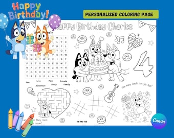 Página para colorear de cumpleaños de perro azul / Mantel individual personalizado para niños / Recuerdo de fiesta imprimible