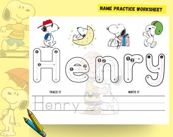 Hoja de trabajo para trazar el nombre personalizado del cachorro Snoopy, PDF imprimible para educación en casa