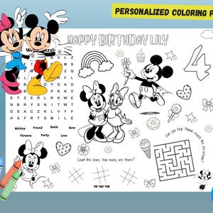 May include: A personalized coloring page featuring Mickey Mouse, Minnie Mouse, and Daisy Duck. The page includes a word search, maze, tic-tac-toe, and other activities. Text includes "Happy Birthday Lily" and "Personalized Coloring Page". Crayons are in the lower left corner.