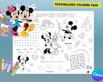 Página para colorear de Minnie Mouse y sus amigos / Mantel individual personalizado para niños / Recuerdo de fiesta imprimible