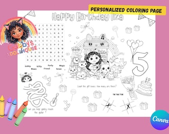Página para colorear de cumpleaños de la casa de muñecas de Gabby / Mantel individual personalizado para niños / Recuerdo de fiesta imprimible