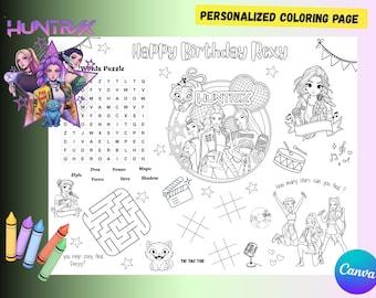 Página para colorear de cumpleaños de Cazadores de demonios del K-Pop / Mantel individual personalizado para niños / Recuerdo de fiesta imprimible