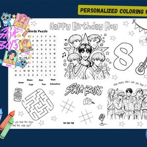 May include: A black and white personalized coloring page with the text "Happy Birthday Roy" and "Skitt Boys". Includes a word puzzle, maze, tic-tac-toe, and illustrations of boys, stars, and musical instruments.