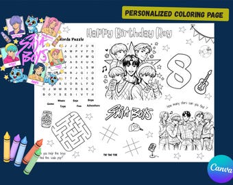 Página para colorear de cumpleaños de Saja Boys de Cazadores de demonios del K-Pop / Mantel individual personalizado para niños / Recuerdo de fiesta imprimible