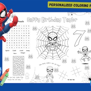 May include: A personalized coloring page featuring Spider-Man, a word search puzzle, and the text "Happy Birthday Taylor." Includes a maze, tic-tac-toe, and the number 7. Crayons are in the lower left corner.