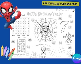 Página para colorear de cumpleaños de Spider-Man / Mantel individual personalizado para niños / Recuerdo de fiesta imprimible