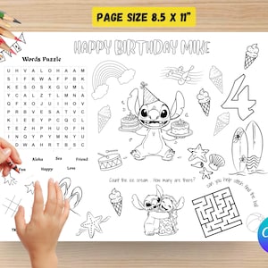 Puede incluir: P&aacute;gina para colorear en blanco y negro con el texto "HAPPY BIRTHDAY MIKE" y un personaje de Stitch sosteniendo pasteles. Incluye un rompecabezas de palabras, un laberinto y otras actividades. Tama&ntilde;o de p&aacute;gina: 21,6 x 27,9 cm.