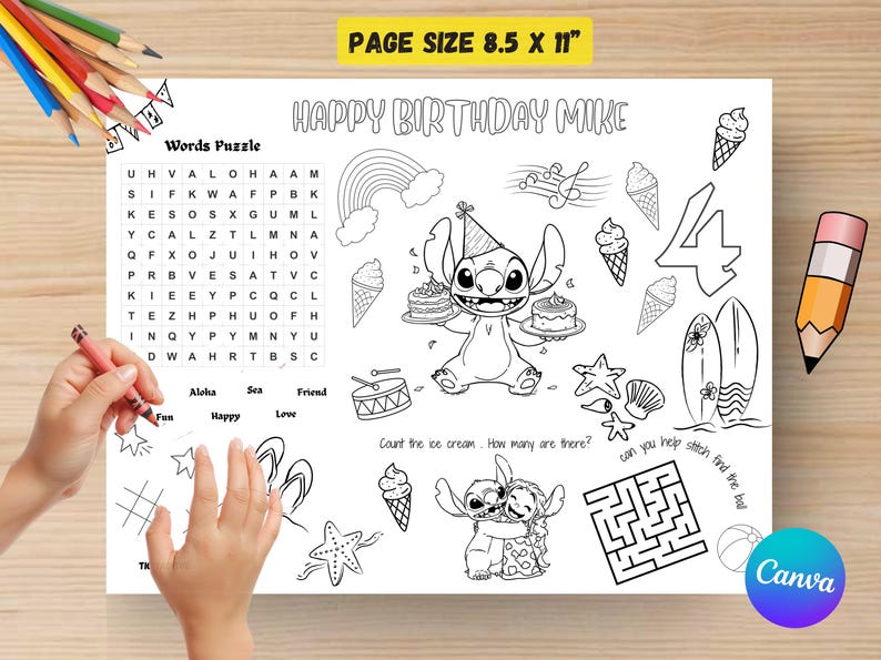 Puede incluir: P&aacute;gina para colorear en blanco y negro con el texto "HAPPY BIRTHDAY MIKE" y un personaje de Stitch sosteniendo pasteles. Incluye un rompecabezas de palabras, un laberinto y otras actividades. Tama&ntilde;o de p&aacute;gina: 21,6 x 27,9 cm.