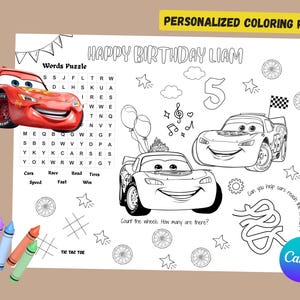 May include: A personalized coloring page with the text "HAPPY BIRTHDAY LIAM" and a number 5. Includes a word puzzle, tic-tac-toe, and car-themed illustrations. A red car is shown on the left. Crayons are in the bottom left.