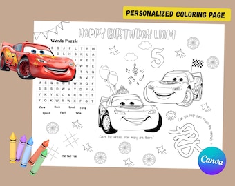 Página para colorear de cumpleaños de la película Cars / Mantel individual personalizado para niños / Recuerdo de fiesta imprimible