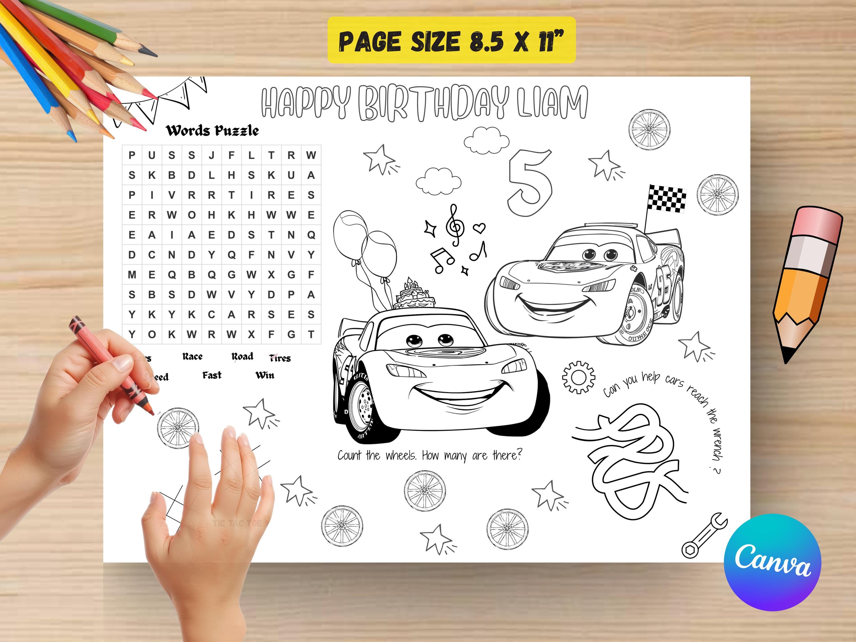 Cars Movie Birthday Coloring Page | Personalized Kids Placemat ...