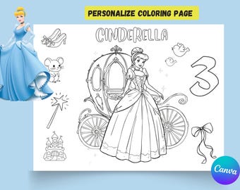 Página para colorear personalizada de Cenicienta / Mantel individual para fiesta de cumpleaños de princesa (Descargar PDF)