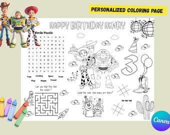 Página para colorear de cumpleaños de Toy Story / Mantel individual personalizado para niños / Recuerdo de fiesta imprimible